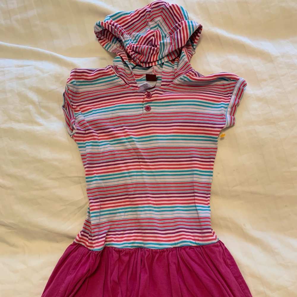 Tea collection dress cotton size 6 euc hooded pink striped dress w/ bubble skirt